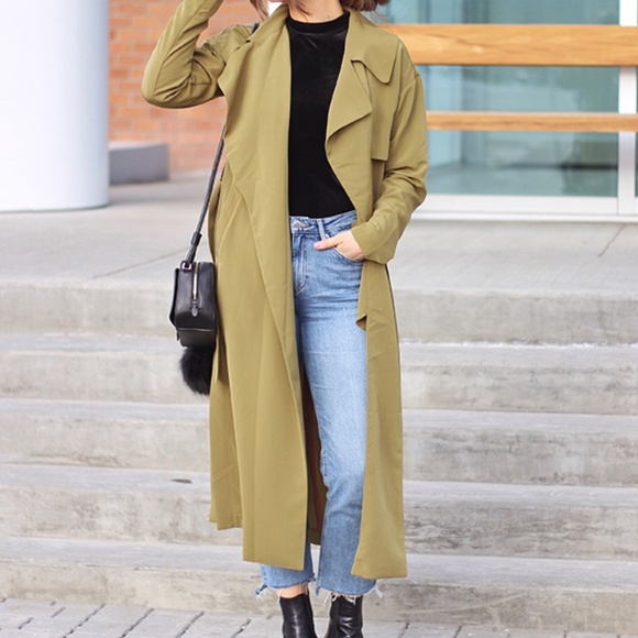 NWT Highline Belted Trench Midi Coat Sage Green pink piping Belted Long Sleeves - Picture 1 of 6